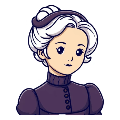 Victorian woman with white coiffed hair, modest turtleneck Victorian dress, and an awestruck expression sticker