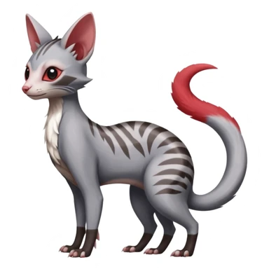 Minccino-Lykoi-Civet-Sphynx-Linoone-Zangoose-fusion-hybrid-animal-Fakémon-creature, full body, thin long sleek scaly tail, intricate markings sticker