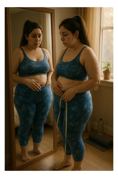 A realistic, cinematic illustration of a woman in her early 30s with a slightly rounded body shape, standing in front of a mirror in a softly lit bedroom, looking at her reflection with a thoughtful, slightly discouraged expression. She is wearing comfortable home workout clothes, holding a tape measure in one hand loosely, while her other hand gently touches her belly area, showing her frustration with slow weight loss progress. The room is cozy, with natural light filtering in, a yoga mat rolled up in the corner, a water bottle, and a small plant on the windowsill. The scene captures the emotional struggle and quiet determination of a woman facing difficulties in losing weight despite her efforts, with warmth and dignity. sticker