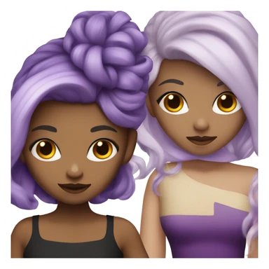 Girl with split dyed hair; black and blond with a purple dress sticker