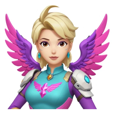 Overwatch Mercy flying, 80s outfit, teal pink and purple sticker