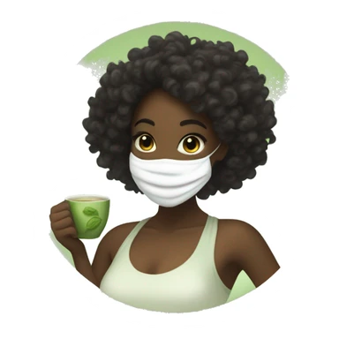 Black girl with curly hair wrapped in a towel, has a white face mask on and holding a steaming matcha tea while smiling  sticker