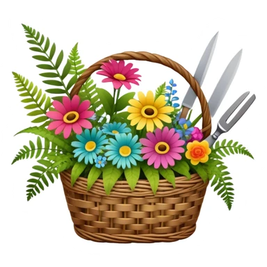 Icon for Floristry: a woven basket with flowers, reeds, ferns, bright ribbons and a small plush toy. Add big garden scissors and knife above. The icon should represent creativity in flower arrangement and decorative design. Transparent background. sticker