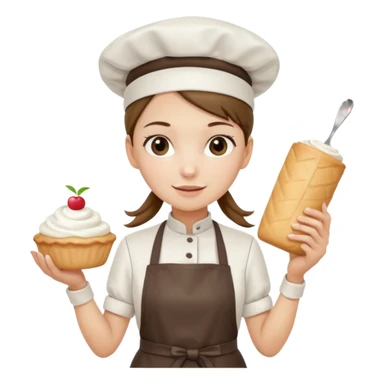 Young female pastry chef - single ponytail, apron, wearing a white hat, holding a cream bag sticker
