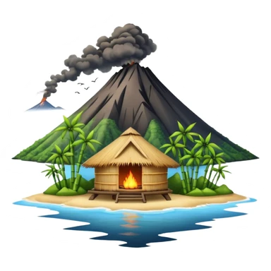 bamboo hut with volcano in the back in Volcano Island  sticker