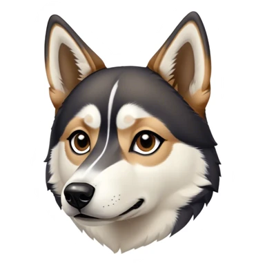 Dog face with black, white and tan. Mostly Black, down around eyes and down side of nose. Tan eyebrows and white on the rest of the nose and a small triangular strip up between the eyes. Pointy black ears. Shepard and husky like sticker