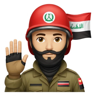 surrenders, depicts an Iraqi soldier from 1980, with a beard, in a helmet, a helmet with sign flag Iraq, with a balaclava, with sad eyes and both hands raised up sticker
