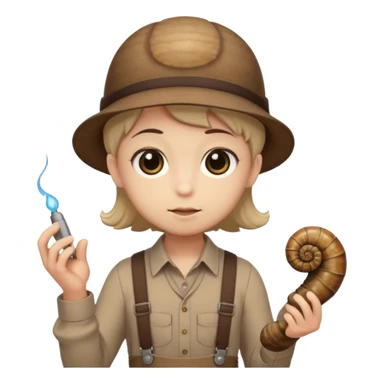 Shelly has a small, chibi-style body with a large ammonite-shaped head that looks like a beige fossil shell. One side of her head has a dark opening, making it clear she isn’t human. Her face is simple and soft, with big round eyes. She wears a brown suspender outfit over a lighter shirt sticker