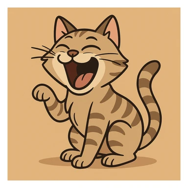 a laughing tabby cat, cartoon style, wide open mouth, playful sticker
