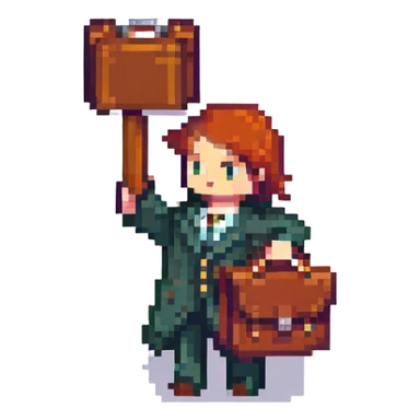 waving hand with a briefcase, end of shift, pixel art style sticker