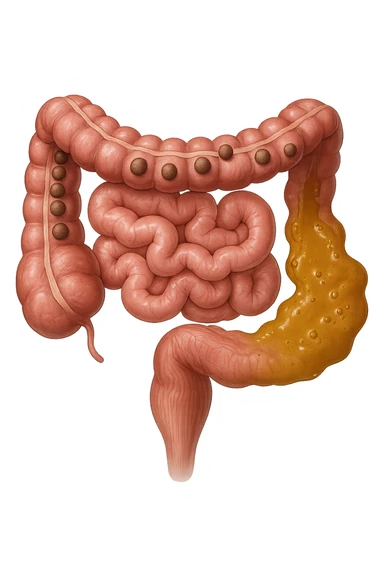INTESTINO UMANO ANATOMICO REALISTICO CON FECI A PALLINE E FECI LIQUIDE CHE FLUTTUANO DIETRO BEN DISTINTE, IPERREALISTICO 4K sticker