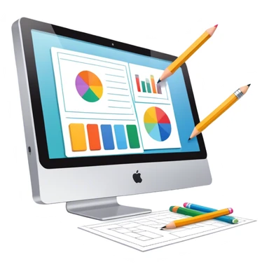 Professional emoji for Graphic Design: a computer screen displaying a design layout, vector shapes, a color palette, and design tools like a pencil and ruler. The icon should represent creativity and precision in graphic design. Transparent background. sticker