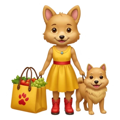 smiling-dog-in-a-yellow-dress,-red-boots,-carrying-a-market-bag sticker