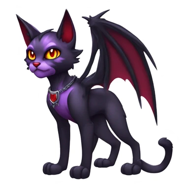 Anthro-Cute-Edgy-Cool-Vampiric-Batty-Cat-Black-Purple-Red-Grey-White-Yellow-Contrast-Colors-Fantasy-Fur-Sona-Chibi-Shiny-Fakémon-Hybrid with horns and fangs and collar full body sticker