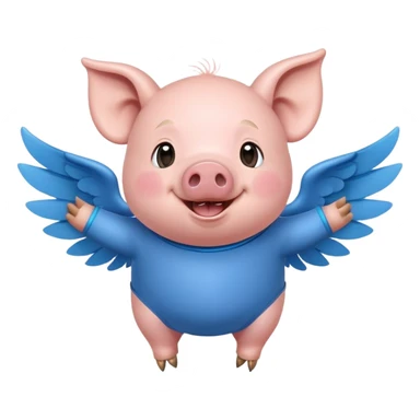 Create a cheerful, realistic cartoon character of a pig with a round body, wearing a blue outfit and small wings, smiling joyfully sticker