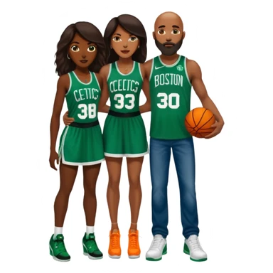 48-year-old dark skin black woman with brown eyes, long dark brown hair dressed in sexy 
celtics jersey dress outfit, wearing stilettos. A Bald White man with orange beard facial hair and has blue eyes, wearing a Jason Tatum Boston Celtics Jersey jeans & green Nike sneakers  sticker