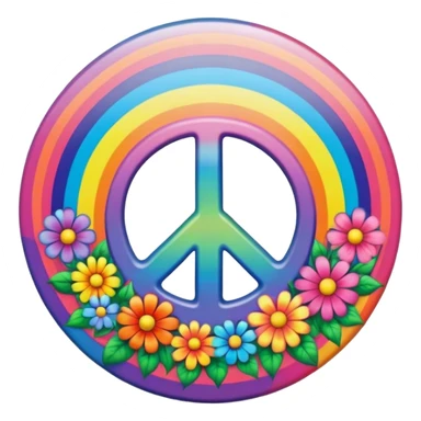 A round psychedelic colored button that says Peace with rainbow colored hippie style flowers sticker