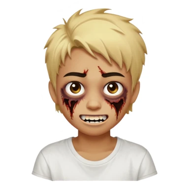 Teenager. Short buzz, messy blonde hair. Dark brown bushy eyebrows large expressive golden-brown eyes, brown skin color, scar over nose, wearing a plain white t-shirt. Crooked grin showing imperfect teeth, one side raised higher than the other, zombie-like smile . brown skin color.  sticker