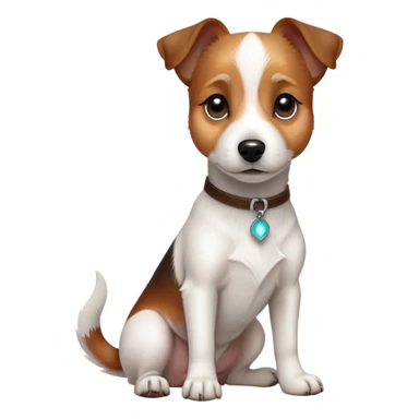 cinematic-[jack Russel terrier]-realistic-full-body-sitting-emoji,-tail-resting-loosely-beside-its-paws,-head-tilted-dramatically, -sleek-[brown and white]-fur,-simplified-yet-realistic-focused-features,-highly-detailed,-glowing-with-an-almost-sarcastic-glow sticker