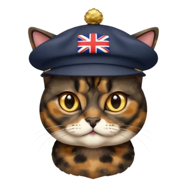 mostly black tortie cat, gold eyes, british hat sticker