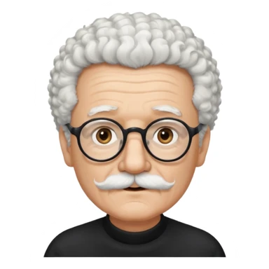 An elderly man emoji fluffy curly white hair, brown eyes behind black-framed glasses, a narrow pointed face, and a thin straight white mustache above his mouth. sticker
