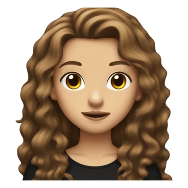 A pretty girl with long, wavy brown hair, black clothes, brown eyes, metalhead sticker