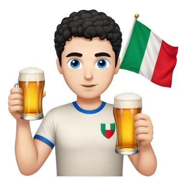 white guy thick eyebrows blue eyes with short curly black hair holding beer wearing a shirt with the italian flag sticker