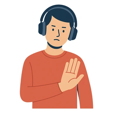 flat design style person in headphones showing a refusal sign sticker