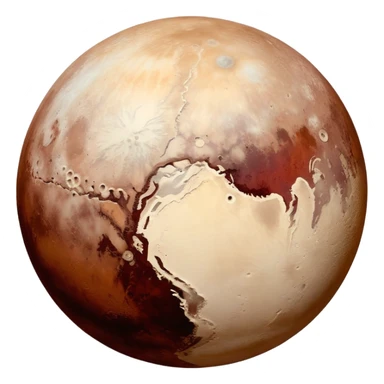 Pluto as a planet emoji, apple emoji style, mix of reddish-brown, white, and gray hues, large bright icy region like Sputnik Planitia, contrasting darker red-toned areas rich in tholins, simple and round, no text sticker