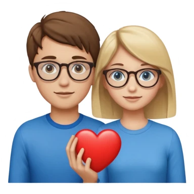two young lovers, a heart between them, boy with brown hair and glasses, girl blonde with blue eyes, emoji style sticker