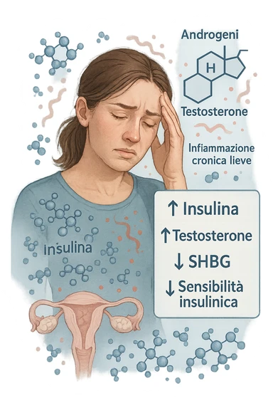 Donna tra i 25 e i 35 anni in primo piano, con espressione affaticata. Intorno al suo corpo appaiono in modo stilizzato e simbolico squilibri ormonali: molecole di insulina in eccesso fluttuano attorno, androgeni (testosterone) evidenziati sopra la testa, segnali visivi di infiammazione cronica lieve. Sopra le ovaie (visibili in trasparenza) compaiono piccole cisti multiple. Accanto a lei, un diagramma stilizzato mostra: '↑ Insulina', '↑ Testosterone', '↓ SHBG', '↓ Sensibilità insulinica'. L’atmosfera è scientifica, educativa ma empatica. Stile realistico con elementi infografici fluttuanti e colori freddi ma puliti. in italiano sticker