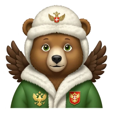 Sweet brown bear with friendly expression and green eyes, white fur ushanka with prominent and detailed Russian Federation double-headed eagle coat of arms, iOS emoji style sticker