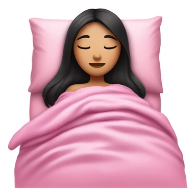 a girl with straight black hair, in the bed sleeping with pink blankets  sticker