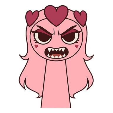 Change the pink character with heart hair to a scary expression, featuring sharp teeth, angry eyes, and a menacing look. Keep the transparent background. sticker