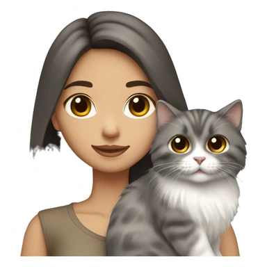 Dark brown straight hair girl holding fluffy Siberian gray cat  sticker