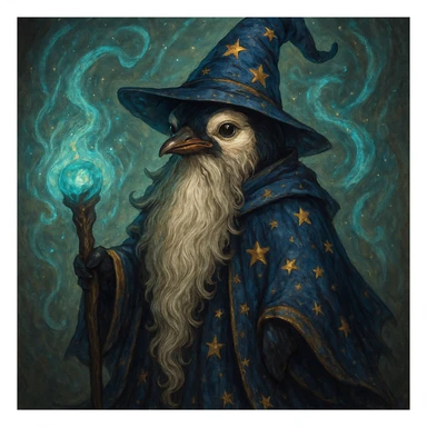 fantasy penguin wizard with a long beard, starry cloak, and magical aura, detailed illustration style sticker