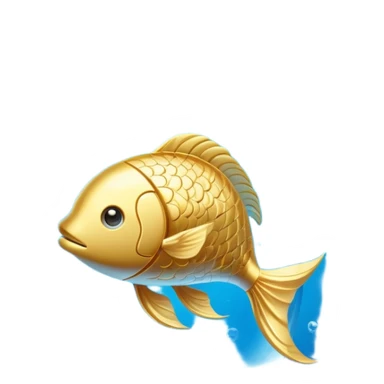 Golden omega-3 capsule floating in blue liquid currents, with an ethereal fish gently spinning around a radiant brain. Blue water waves expand from the brain, promoting mental clarity, emotional calm, and cardiovascular fluidity. sticker