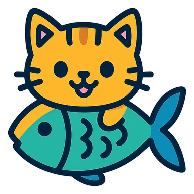 playful cartoonish cat with a fish-shaped body, colorful icon style sticker
