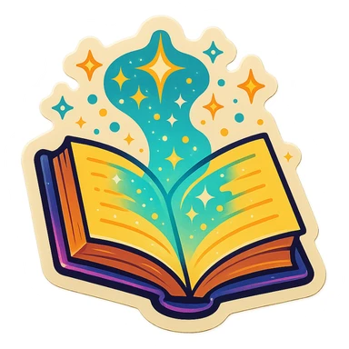 A magical book with energy and sparkles emanating from it, with bold outlines, expressive shadows, and highlights, playful and detailed retro sticker look sticker