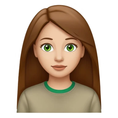 Adult woman avatar, light skin tone, oval face, straight long brown hair, green eyes, neutral mouth, casual  sticker