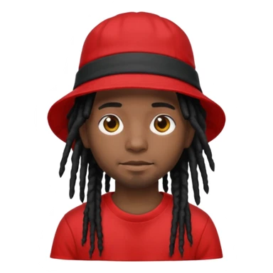 dark brown skin, black hair dreadlocks, wear red t-shirt, black bucket hat sticker