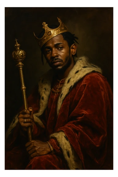 Kendrick Lamar in kingly robes, holding a scepter, crown tilted, artistic portrait, moody lighting, contemporary style sticker