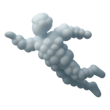 flying person with body made of small white fluffy clouds, matte glass style, simple pose, no background sticker