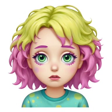 messy, wavy chartreuse hair, with pink specks, bushy eyelashes, and big round eyes, with irises that are teal on the outside and yellow on the inside while making a pouty face saying pay attention to me in bubble words sticker