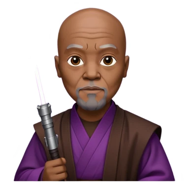 star wars master windu bald head, no facial hair, brown jedi outfit with purple lightsaber sticker