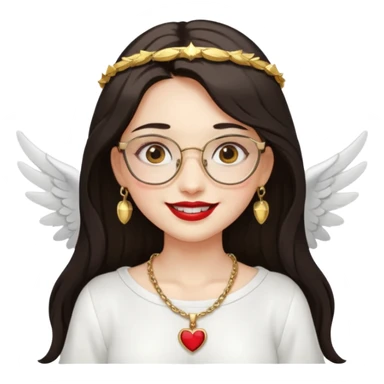Angel girl with eyeglasses and Middle parted hair long dark hair with red lipstick  and push gold necklaces and dark eyes with withe wings and smile with withe teeth sticker