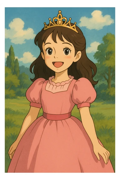 young princess in a pink dress, tiara on her head, smiling, ghibli-inspired style sticker