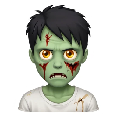 Rosto de frente classico de zombie boca meio torta cabelos medios grandes pretos bagunçados low fade com pele verde clara camiseta branca sticker