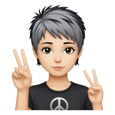 pixie shag hair black with streaks of gray, dark T-shirt with a peace sign  sticker