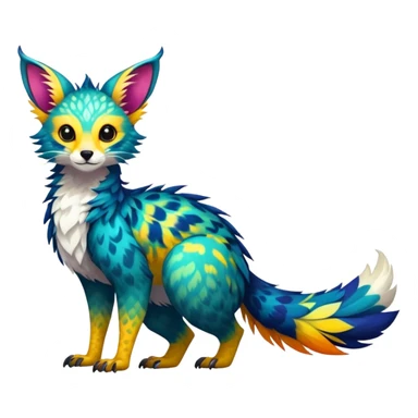 Feral Rare Fantasy vibrant tropical Vernid-Trico-species-creature by LiLaiRa, random markings, tufted tail, tufted ears, full body sticker